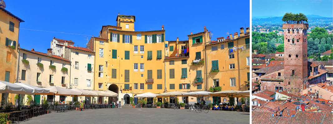 Byen Lucca i Italien - den fine torveplads og Torre Guinigi